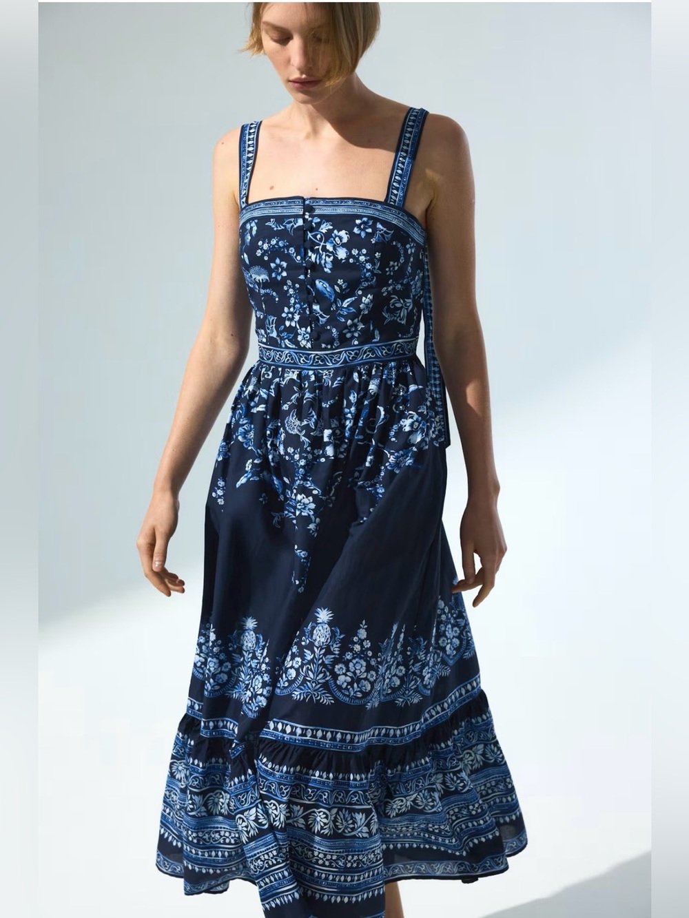 NWT H&M Cotton Dress with Tie-Top Shoulder Straps (Navy blue/Floral) Various